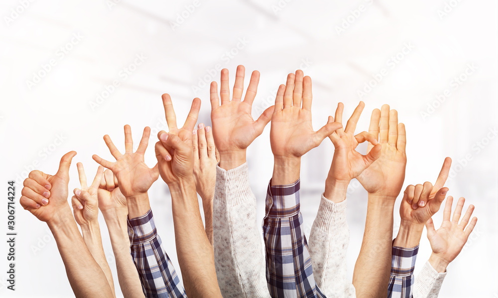 Row of man hands showing various gestures