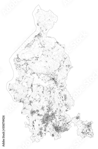Satellite map of province of Varese, towns and roads, buildings and connecting roads of surrounding areas. Lombardy, Italy. Map roads, ring roads