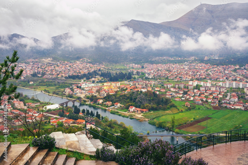 Rainy spring day. Bosnia and Herzegovina. View of Trebinje city and Trebisnjica river from Crkvina Hill
