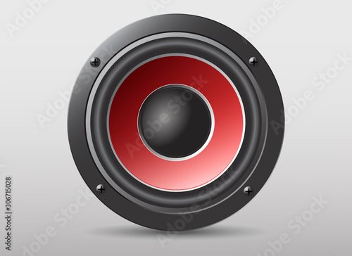 Audio loud speaker with red diffuser. Concert speaker