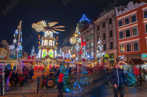 Wroclaw, Poland, October 2019. Christams market in main square Market Square in colorful illuminations and decorations