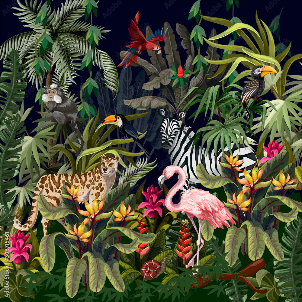 Fototapeta Jungle landscape with wild animals. Vector.