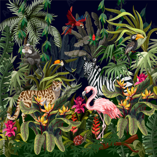 Jungle landscape with wild animals. Vector. © Yumeee