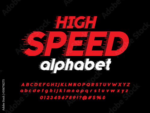 Speed style alphabet design with uppercase, lowercase, numbers and symbol