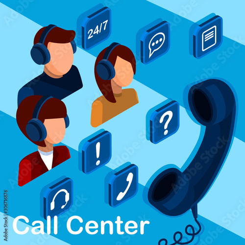 Call center and customer service isometric 3d concept, customer service and mobile support landing page, operators with headphones wyth icons.