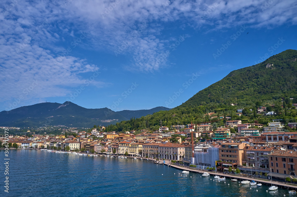 Aerial view of the city of Salò Lake Garda, Italy. Clear blue sky. Panoramic view