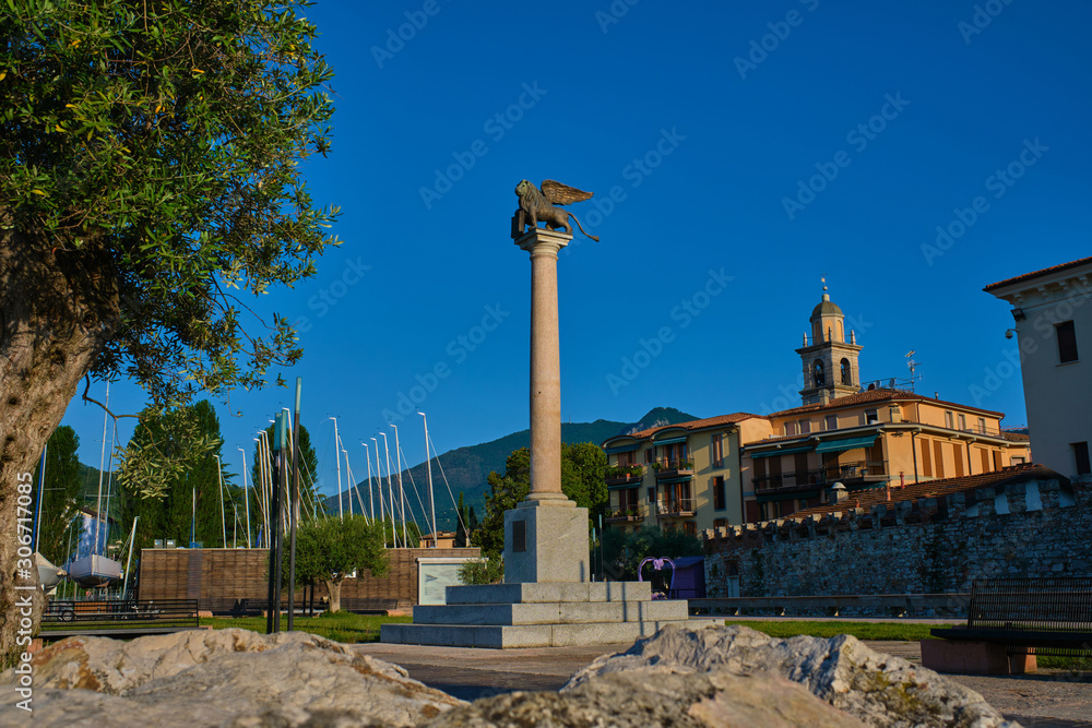 City of Salò Lake Garda, Italy. Clear blue sky. Panoramic view of Piazza Decorati al Valor Civile