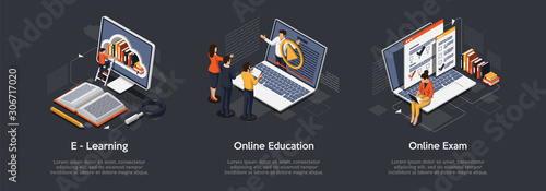 Isometric set of education concept. E-Learning, Online education, online exam. photo