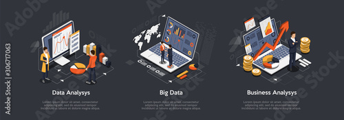 Isometric set of Data analysis, Big Data, Business analysis.