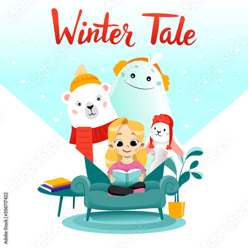 Girl is reading the winter tale beside polar bear, rabbit and yeti. Place for text. Flat style.