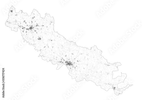 Satellite map of province of Cremona, towns and roads, buildings and connecting roads of surrounding areas. Lombardy, Italy. Map roads, ring roads