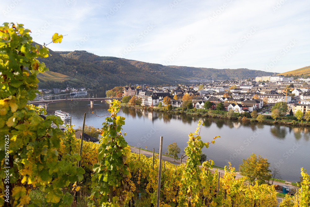 Fototapeta premium Bernkastel-Kues and the river Moselle in autumn with multi colored vineyard in the foreground