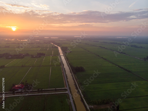 Aerial shot of sunrise over the green paddy field. Noise existed in drone photography. photo