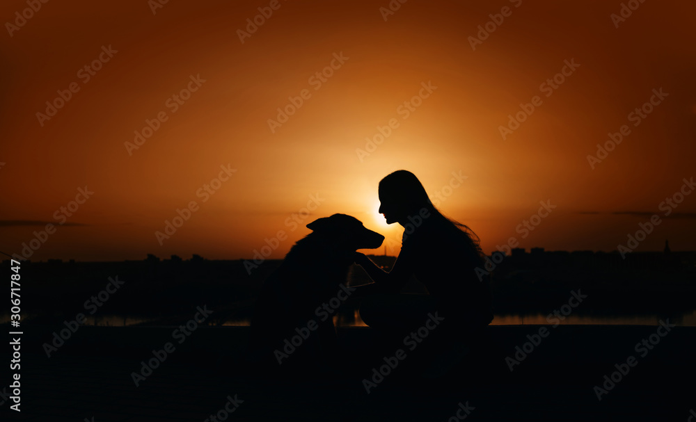 girl and dog silhouettes outdoors at sunset