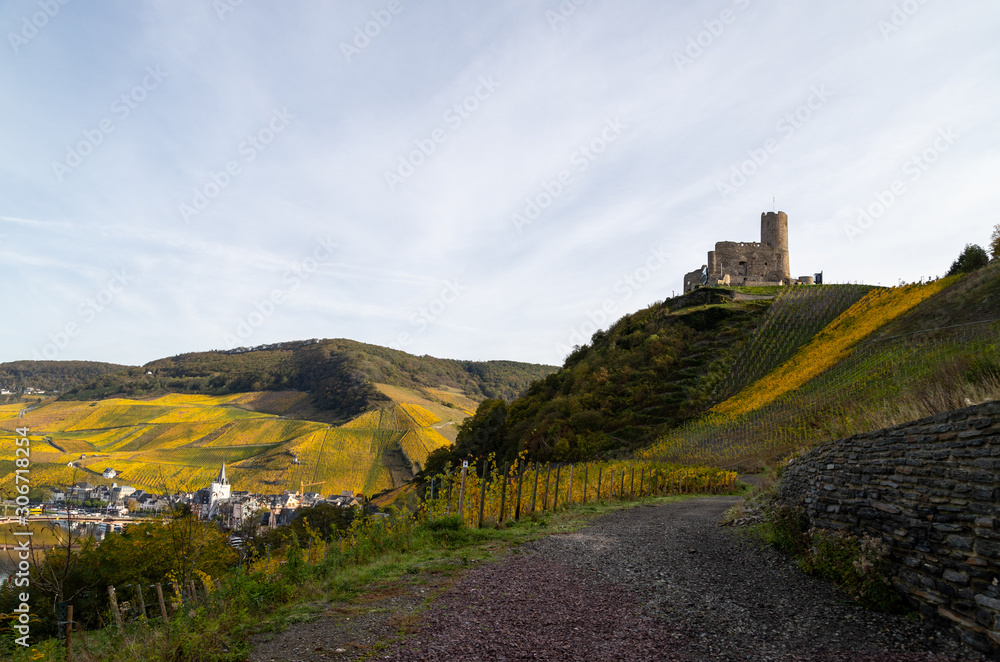 View at Landshut castle in Bernkastel-Kues on the river Moselle in autumn with multi colored vineyards