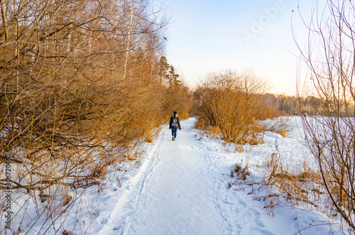 A woman walks along a road in the forest in winter among the snow.