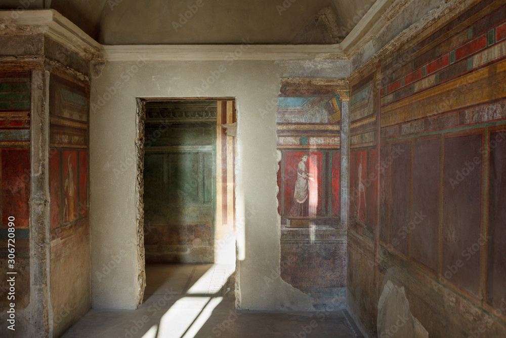 Fresco covers walls of villa of the mysteries in Pompeii (Pompei). Fresco covers walls of villa of the mysteries in Pompeii (Pompei).