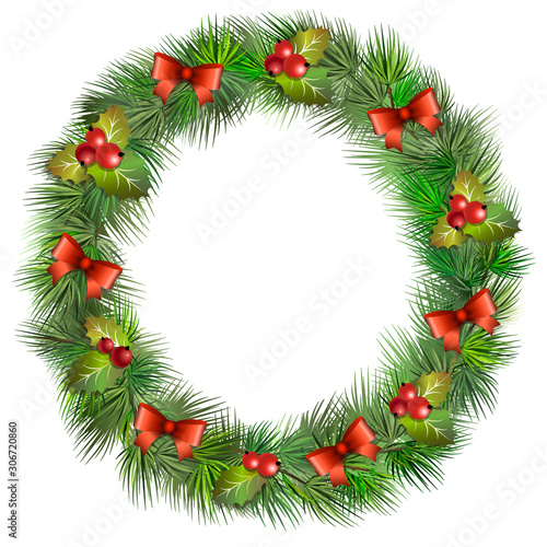 Christmas spruce wreath with mistletoe leaves, holly berries and red bows. Pine wreath. Vector illustration.