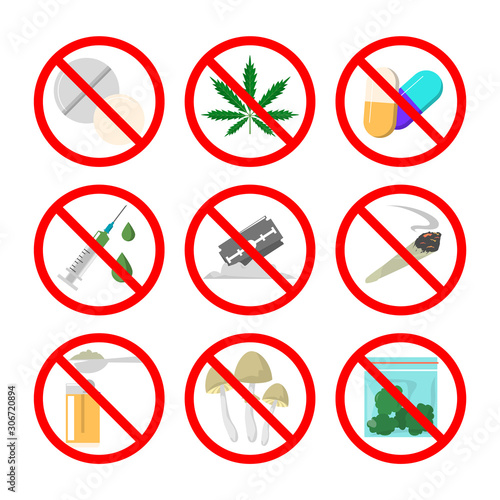 Collection of narcotic in the red sign vector isolated. Drug