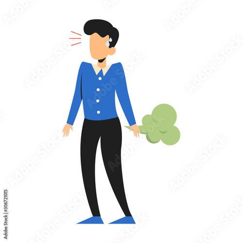 Man fart. Bad smell, man in shame. Funny picture