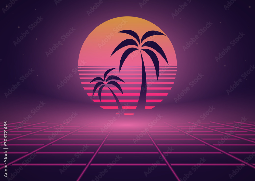Fototapeta premium Synthwave 80s retro neon landscape with palm tree