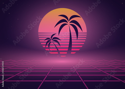 Synthwave 80s retro neon landscape with palm tree