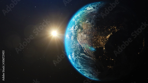 Fototapeta Naklejka Na Ścianę i Meble -  World and sun realistic 3D rendering. Shiny sunlight over Planet Earth, cosmos, atmosphere. Shot from Space satellite