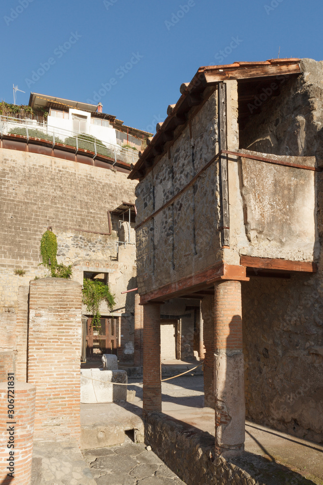 Balcony or terrace in Ancient Ercolano (Herculaneum) city ruins.