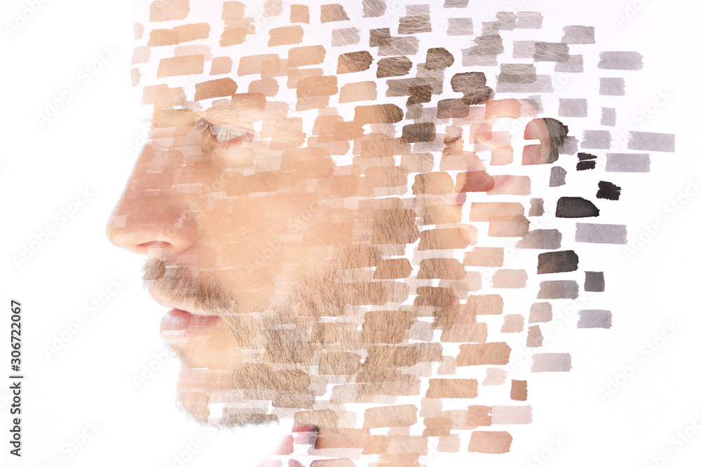 Paintography. Double exposure of an attractive male model combined with hand drawn paintings of repetitive brushstrokes which resemble boxes Paintography. Double exposure of an attractive male model combined with hand drawn paintings of repetitive brushstrokes which resemble boxes