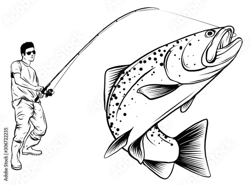 Fishing design for vector. A fisherman catches a boat on a wave.