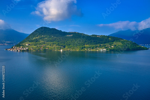 Flight on drone, aerial view of lake Iseo - Lago d'Iseo, Italy. photo