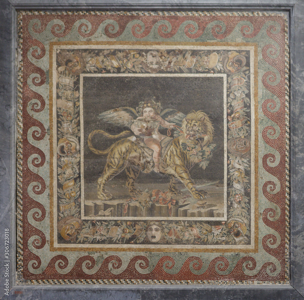 Pompeii - Eros-Bacchus on Tiger. Ancient Roman mosaic.  Naples, Italy