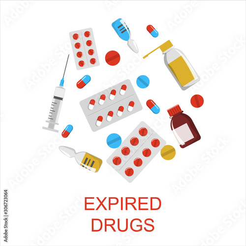 Expired drugs set vector isolated. Separate your garbage