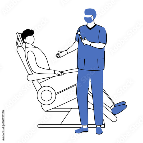 Dentist flat vector illustration. Dentistry, stomatological procedure simple drawing. Teeth treatment and checkup. Stomatologist with patient in dental chair cartoon characters isolated on white