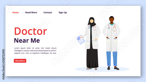 Doctor near me landing page vector template. Multicultural medics. Medicine and healthcare website interface idea with flat illustrations. Clinic homepage layout. web banner, webpage cartoon concept