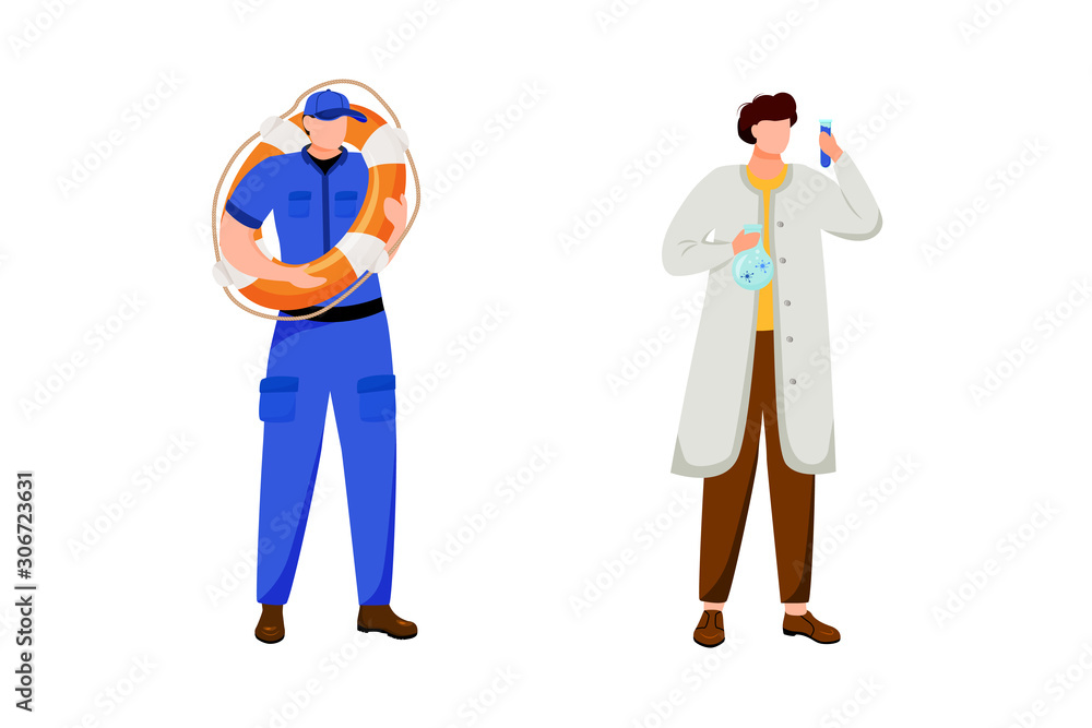 Obraz premium Maritime professions flat vector illustration. Sailor with lifebuoy. Nautical research. Scientist in white coat. Coast guard and marine researcher isolated cartoon characters on white background