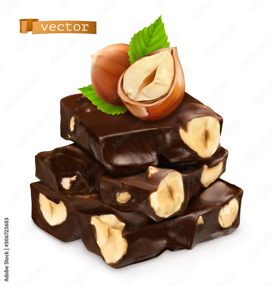 Hazelnuts and chocolate. 3d realistic vector icon Hazelnuts and chocolate. 3d realistic vector icon