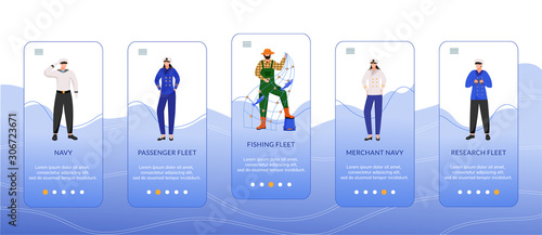 Types of sea fleets onboarding mobile app screen vector template. Passenger, merchant navy. Fishing fleet. Walkthrough website steps, flat characters. UX, UI, GUI smartphone cartoon interface concept