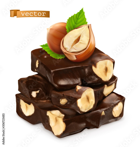 Hazelnuts and chocolate. 3d realistic vector icon