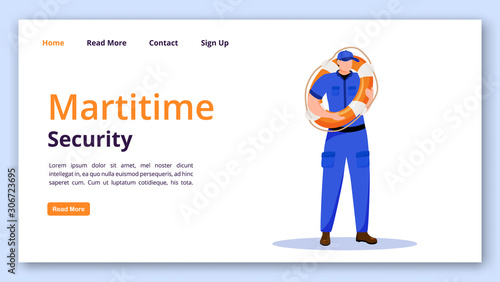 Maritime security landing page vector template. Coast guard website interface idea with flat illustrations. Marine lifeguard homepage layout. Safety equipment web banner, webpage cartoon concept