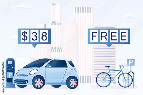 Modern bike on parking. Free bike parking, paid car parking and parking meter.