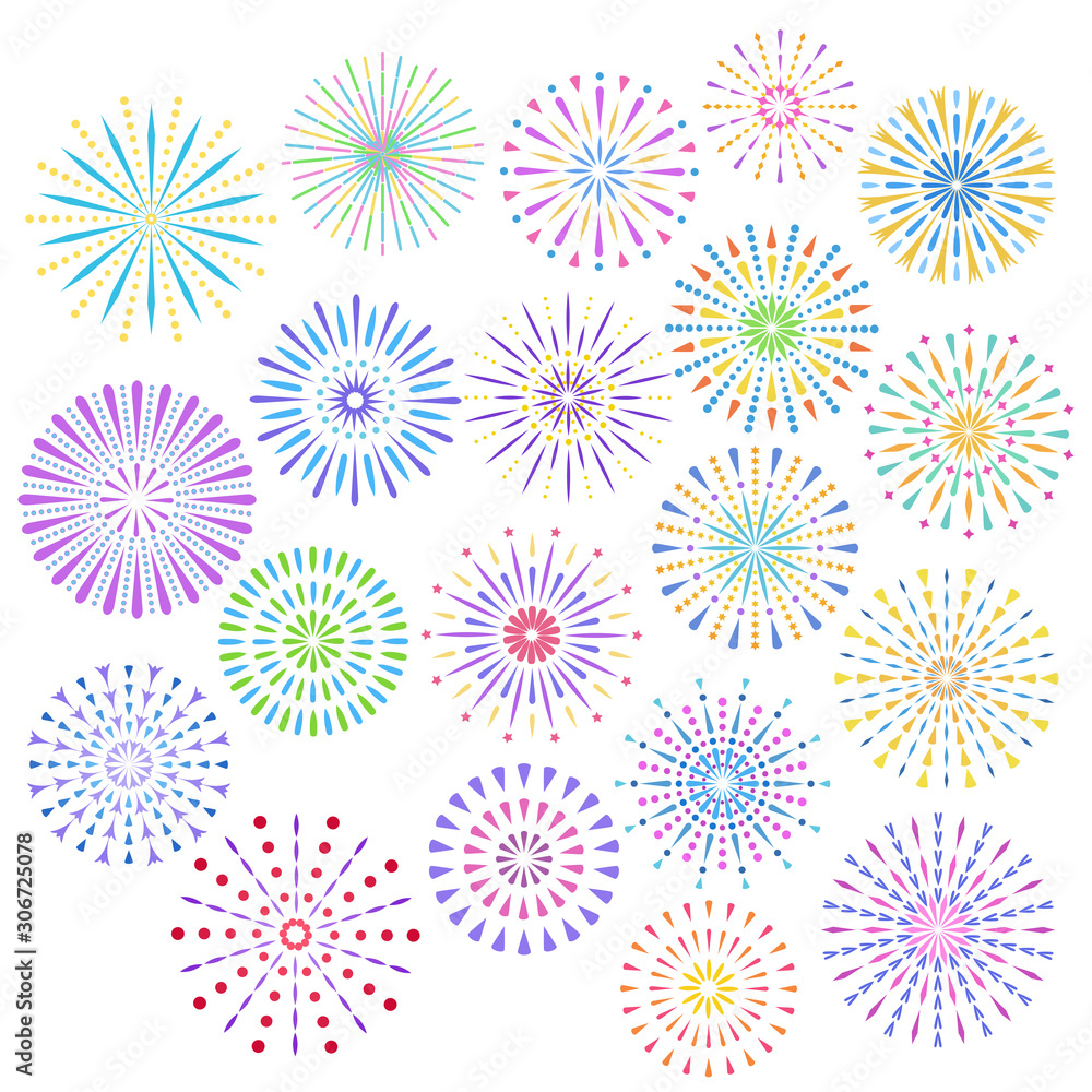 Festive fireworks. Celebration party firework, festival firecracker and, holiday feast celebrated colorful sky fire explosion stars, birthday or Xmas celebrating isolated vector background Festive fireworks. Celebration party firework, festival firecracker and, holiday feast celebrated colorful sky fire explosion stars, birthday or Xmas celebrating isolated vector background
