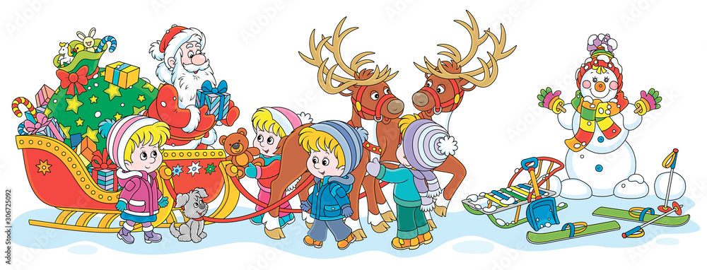 Festively decorated sleigh with magic reindeers of Santa Claus giving Christmas presents to happy and merry small children, vector cartoon illustration Festively decorated sleigh with magic reindeers of Santa Claus giving Christmas presents to happy and merry small children, vector cartoon illustration