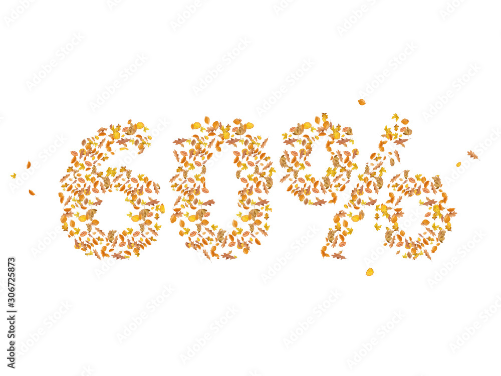 Autumn sale, 60% off discount, retail, online, banner, poster, display, wallpaper, postcard, Different Autumn leaves blowing through the sky, white isolated background Autumn sale, 60% off discount, retail, online, banner, poster, display, wallpaper, postcard, Different Autumn leaves blowing through the sky, white isolated background