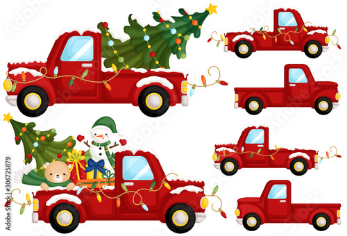 A Vector Set of Cute Red Christmas Truck From Side with Lots of Christmas Decoration
