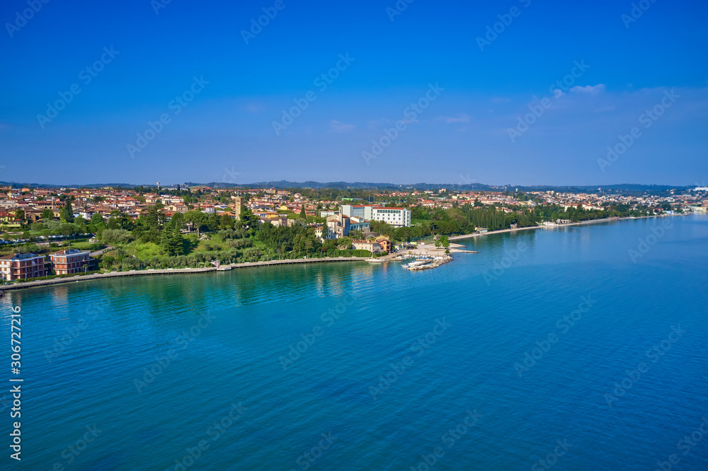 Aerial photography with drone. Beautiful view of the city of Rivoltella del Garda, Italy.