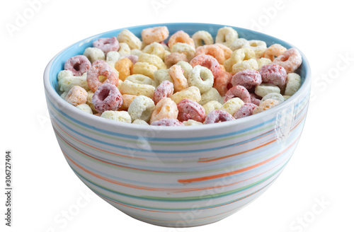 Fototapeta Delicious and nutritious colorful cereal with fruit favor in colorful bowl isola