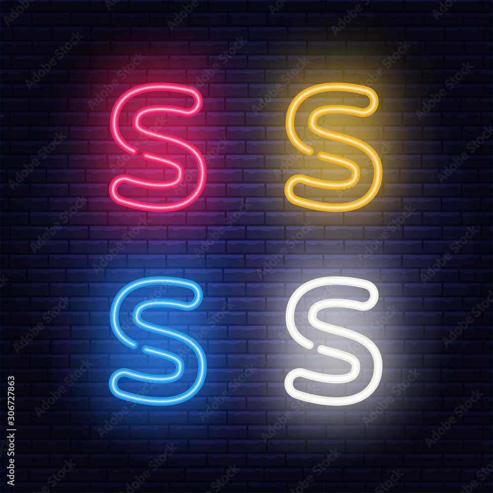 Neon letters, four colors red, yellow, blue, white, isolated font on dark blue brick wall background. Vector illustration eps 10. Neon letters, four colors red, yellow, blue, white, isolated font on dark blue brick wall background. Vector illustration eps 10.