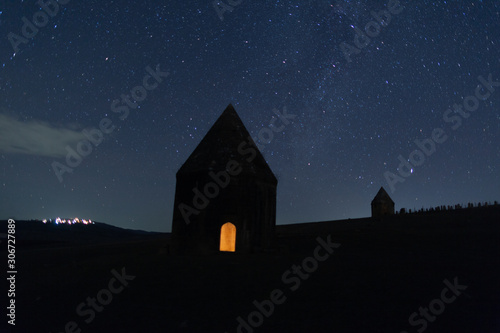 Ancient tombs on the background of the starry night sky of the greatest city of Shamakhi Azerbaijan.