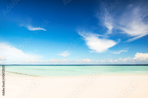 Beautiful tropical view: white sand beach in Maldives.